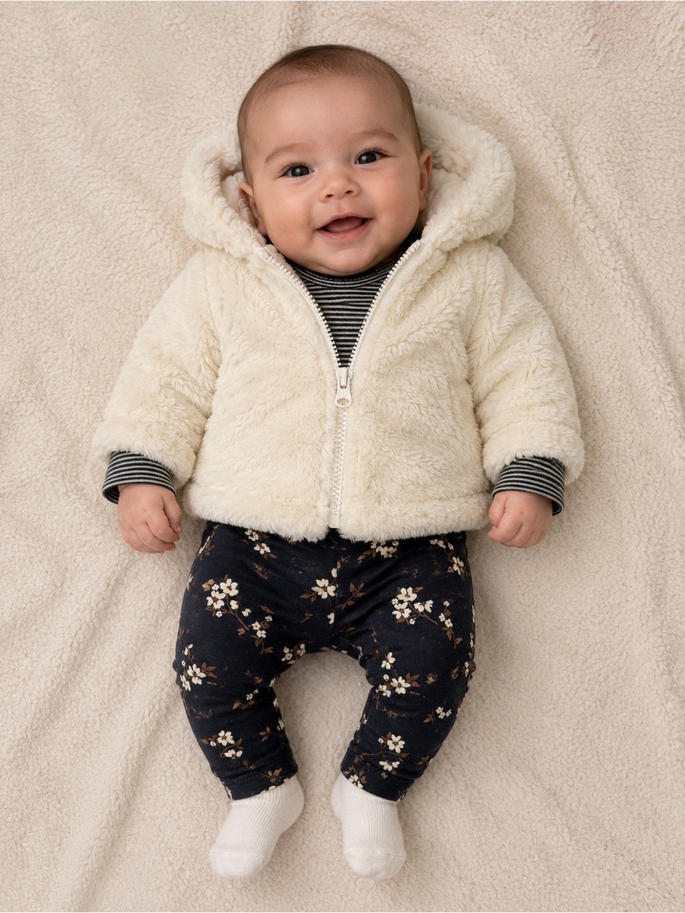 Cat & Jack Cream Sherpa Baby Hoodie with Navy Floral Leggings & Onesie 3M NWT